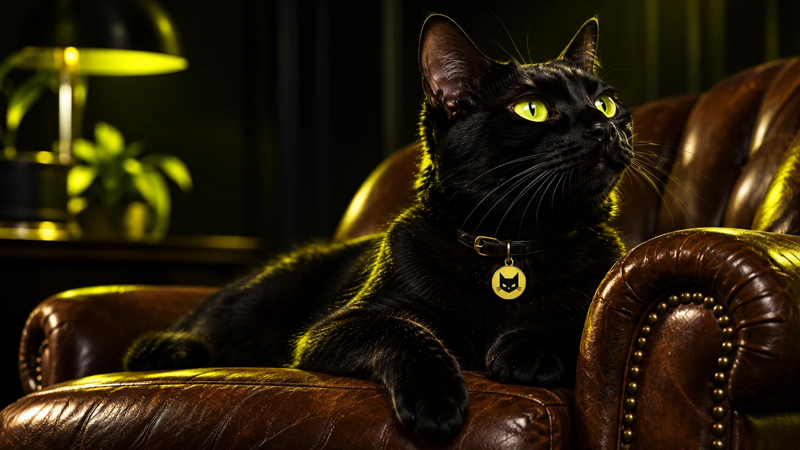 Black cat in a leather chair