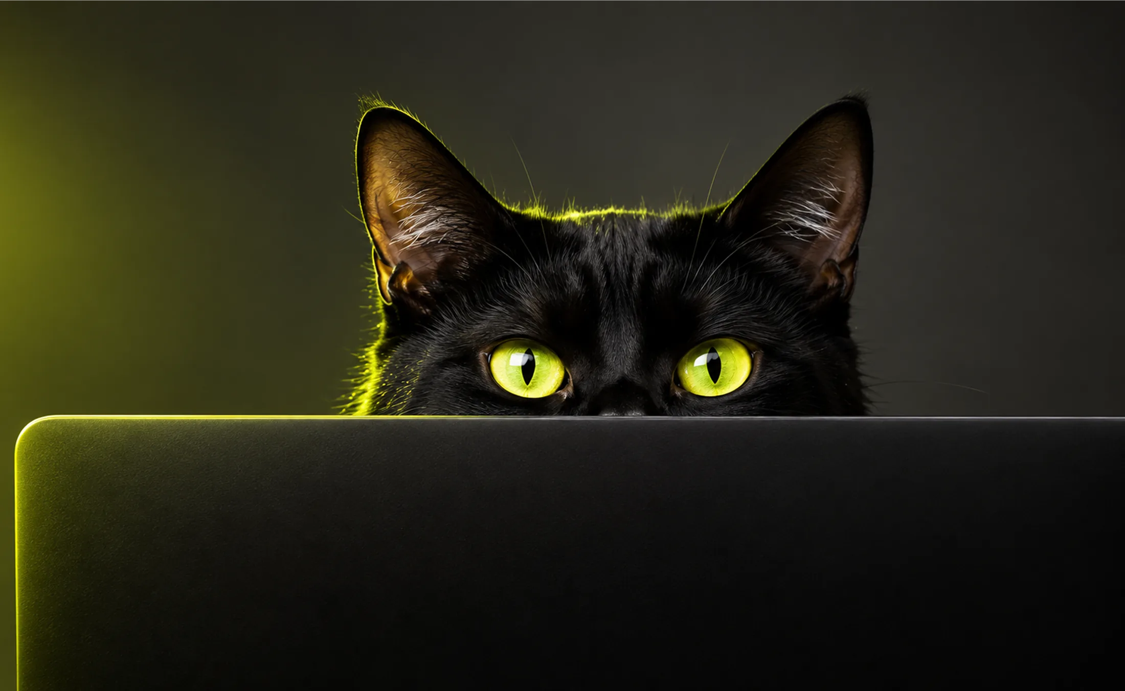 Black cat peeking behind a dark laptop