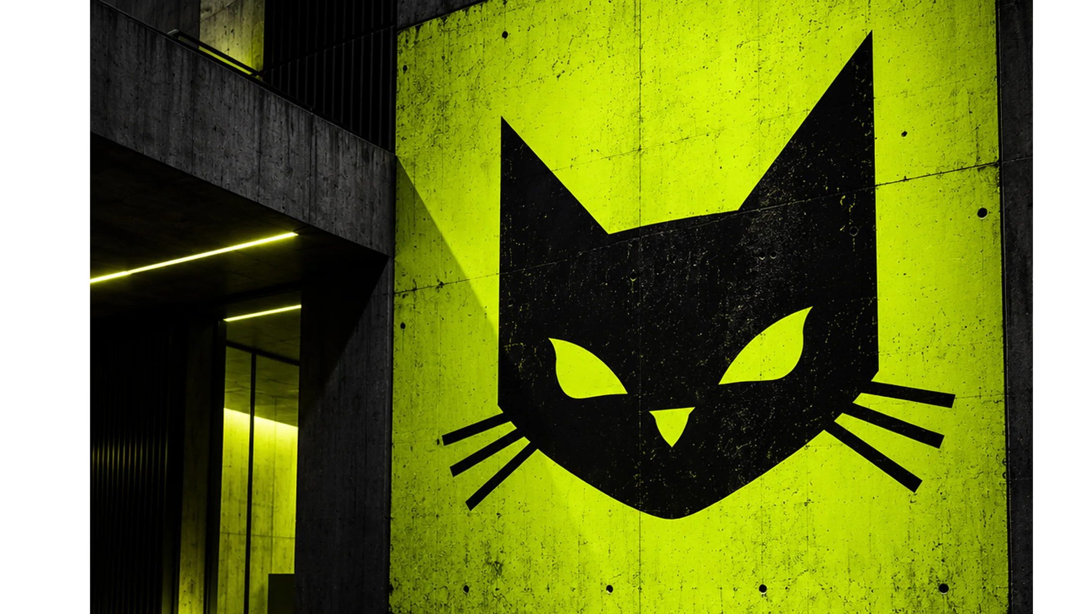 Coolcat cat mark on acid-green brutalist architecture