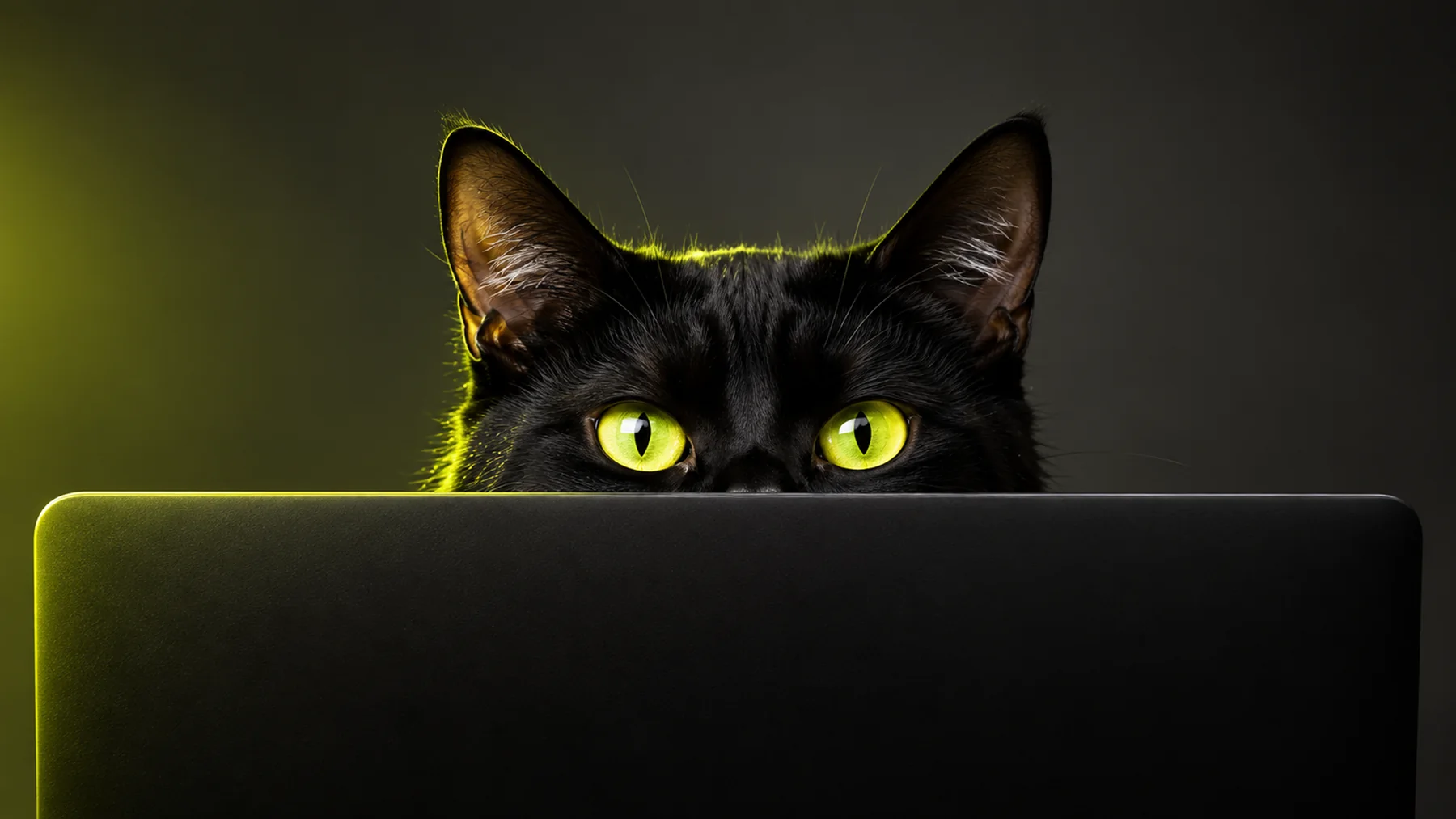 Black cat peeking over a laptop